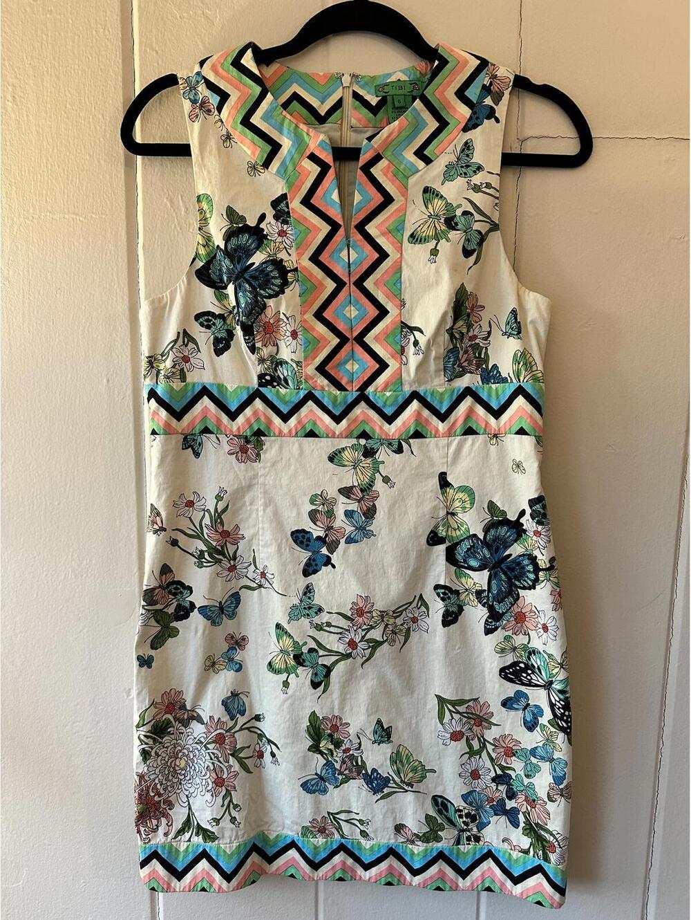 Tibi Sleeveless Butterfly Chevron Mini Dress Size 6 White Multi Designer Luxury